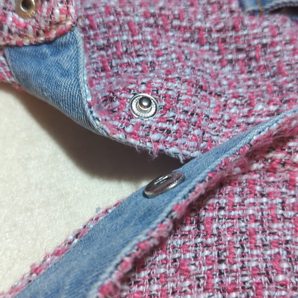 Umgee Tweed Jacket Pink/ Blue Denim Fringe Hem Cotton Hippie Festival Sz M - Picture 8 of 11
